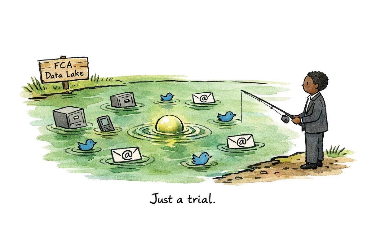 Cartoon of a murky lake with a wooden sign reading FCA Data Lake. Filing cabinets, phones, and email envelopes float in the water. A glowing orb sinks in the centre. A figure in a business suit stands calmly on the shore holding a fishing rod. Caption reads Just a trial.