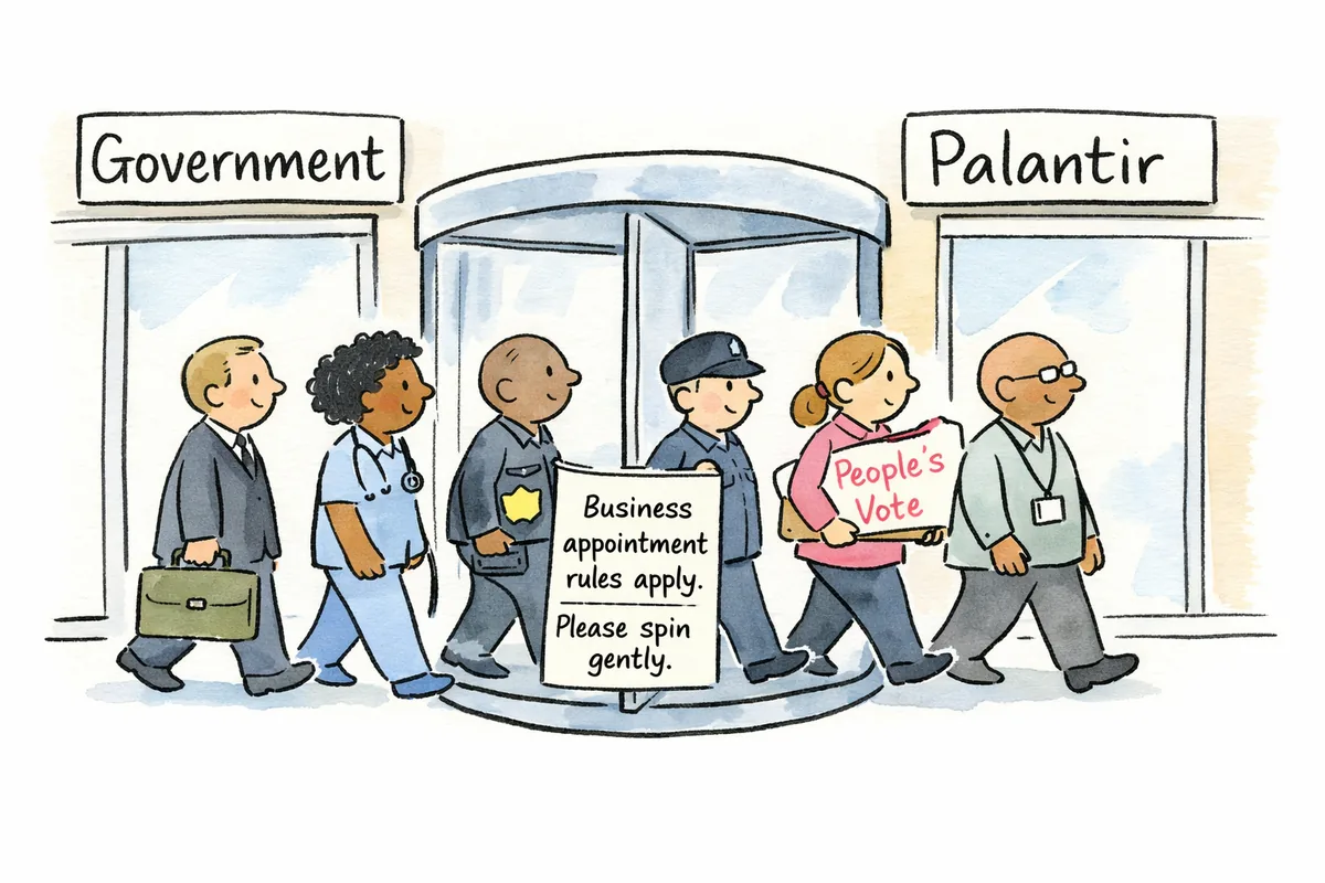Cartoon of a revolving door between buildings labelled Government and Palantir. Five figures walk through in single file, each carrying a different item: a military briefcase, a stethoscope, a police badge, a rolled-up protest placard reading People's Vote, and a civil service lanyard. A sign on the door reads Business appointment rules apply. Please spin gently.