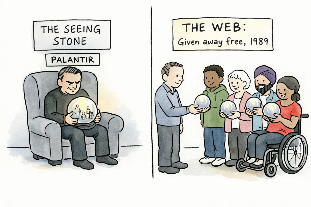 Split panel cartoon. Left side labelled The Seeing Stone, Palantir: a man sits alone in an armchair clutching a glowing orb with tiny people visible inside it. Right side labelled The Web, Given away free 1989: a diverse group of people each hold their own small glowing orb, smiling.