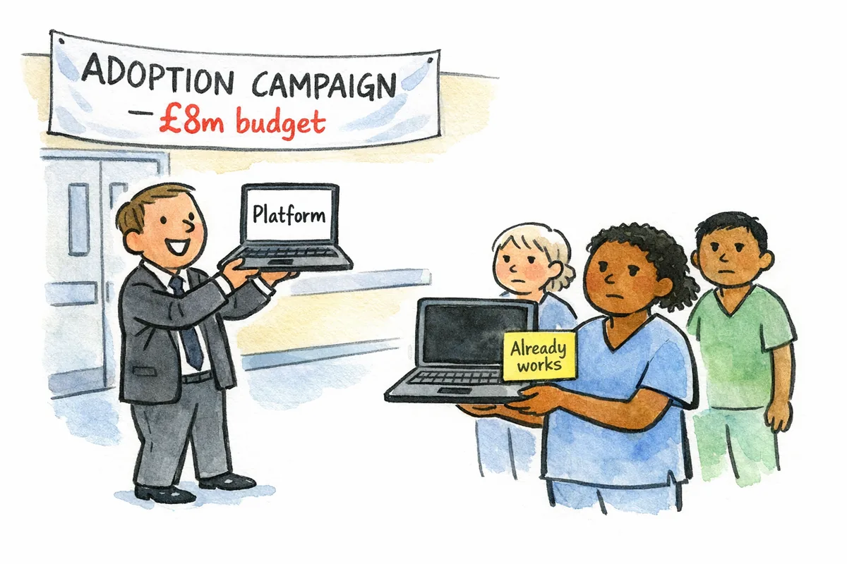 Cartoon of a man in a suit enthusiastically presenting a laptop labelled Platform to tired NHS staff in scrubs, one of whom is holding their own laptop with a sticky note reading Already works. A banner behind reads Adoption Campaign £8m budget.