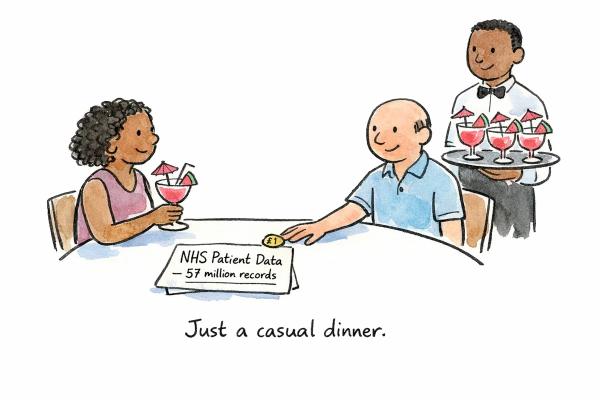 Cartoon of two people at a dinner table with watermelon cocktails, a napkin reading NHS Patient Data 57 million records, and a £1 coin being slid across the table. Caption: Just a casual dinner.