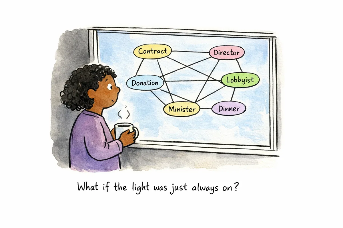 Cartoon of a woman holding a cup of tea, looking through a window at an illuminated web of connections linking nodes labelled Contract, Director, Donation, Lobbyist, Minister, and Dinner. Caption: What if the light was just always on?