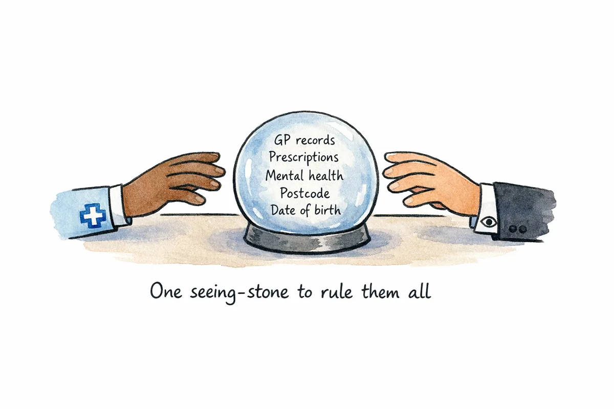 Cartoon of a glass orb on a desk with GP records, Prescriptions, Mental health, Postcode, and Date of birth written inside it. Two hands reach for it from opposite sides: one with an NHS cross on the cuff, the other with an eye symbol cufflink. Caption: One seeing-stone to rule them all.