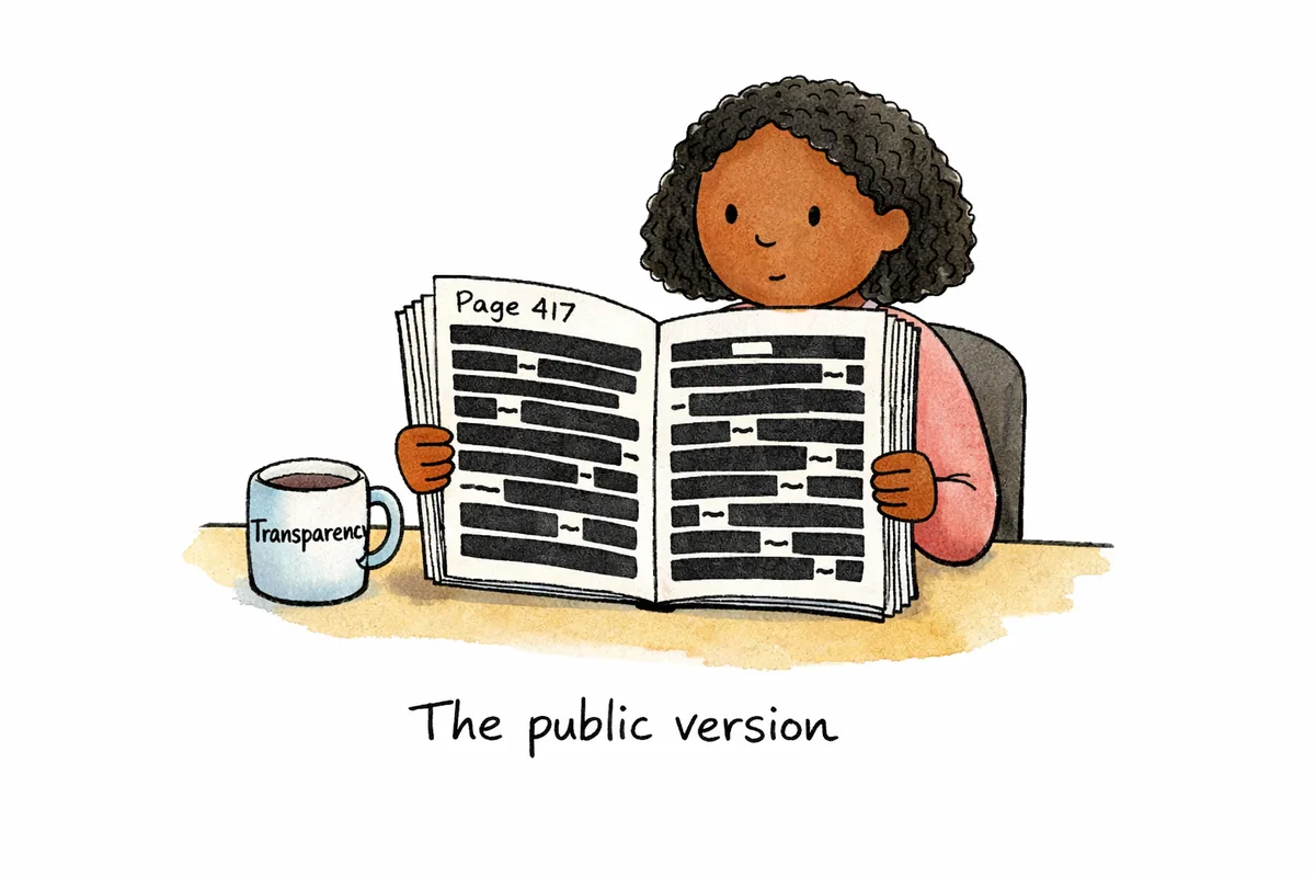 Cartoon of a woman reading a thick document where every page is covered in black redaction bars. She has reached page 417. A mug on the desk reads Transparency. Caption: The public version.