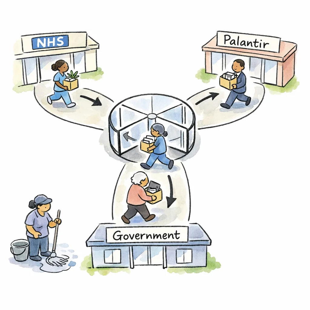 Cartoon showing a revolving door between three buildings labelled NHS, Palantir, and Government, with people carrying boxes of belongings walking calmly between them in a circular pattern while a cleaner mops the floor unbothered.