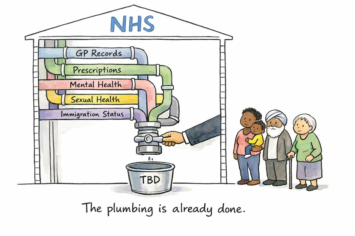 Cartoon of an NHS building with coloured pipes labelled GP Records, Prescriptions, Mental Health, Sexual Health, and Immigration Status all feeding into a single tap controlled by a suited hand, dripping into a bucket labelled TBD. A diverse group of patients watches from outside. Caption: The plumbing is already done.