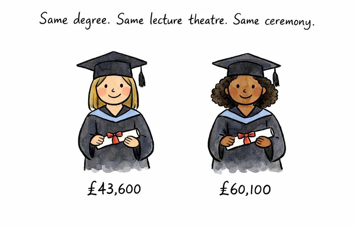 Two graduation photos side by side of women in identical gowns. Below them, two figures: £43,600 and £60,100. Caption above reads 'Same degree. Same lecture theatre. Same ceremony.'