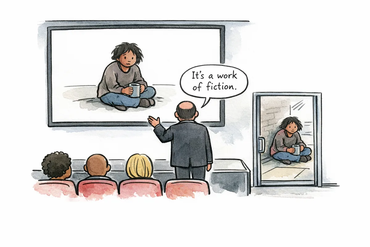 A cinema interior. A man in a suit dismisses the image on screen as fiction. Outside the cinema, through a side door, the same scene is happening in real life.