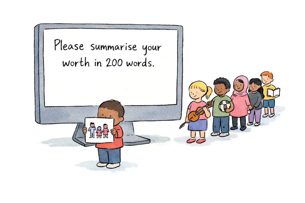 A small child stands in front of a giant computer screen that asks 'Please summarise your worth in 200 words.' The child holds a drawing of their family. A queue of other children, each holding something different, stretches behind.