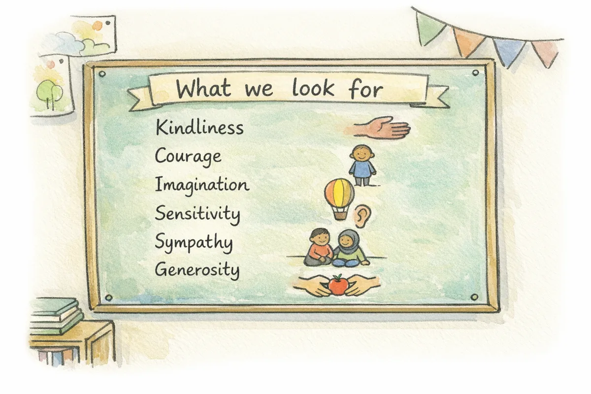 A faded school display board titled 'What we look for'. The list shows: Kindliness, Courage, Imagination, Sensitivity, Sympathy, Generosity, each with a small illustration.