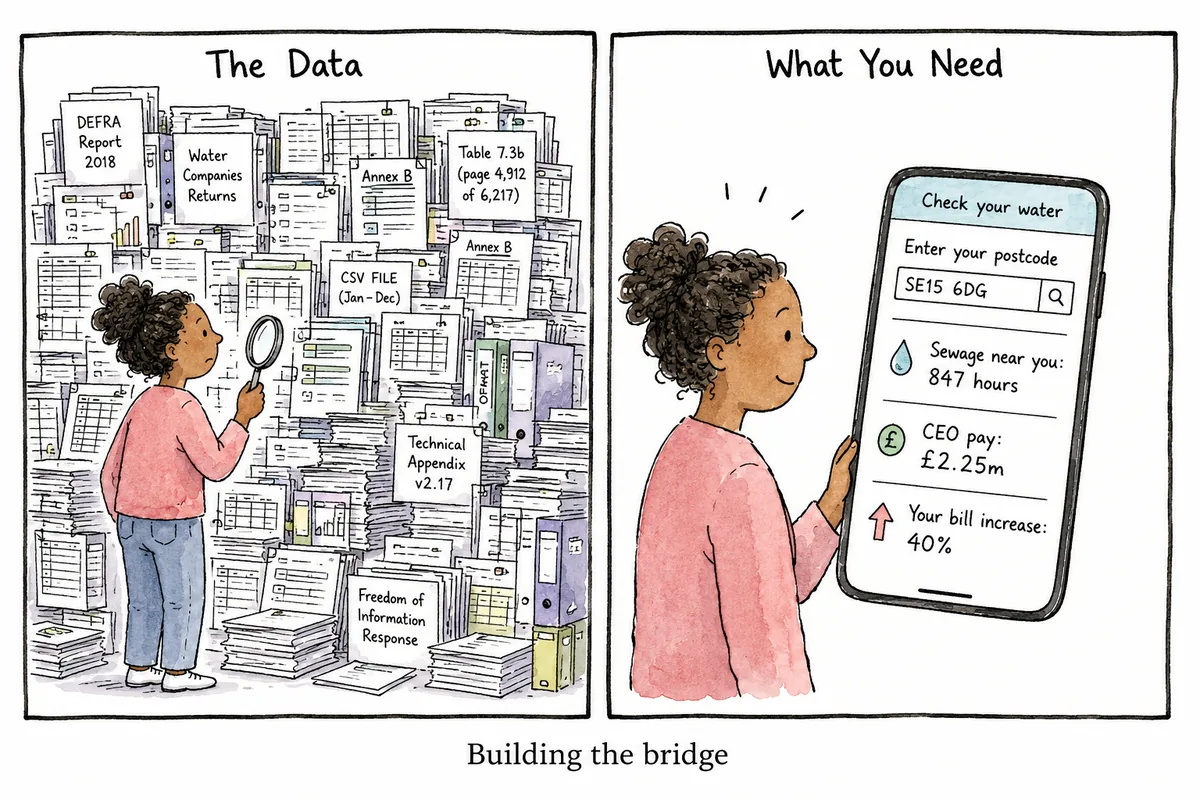 Two-panel editorial cartoon. Left: a person overwhelmed by a wall of dense government data. Right: the same person smiling at a phone showing clear, simple sewage and CEO pay data for their postcode. Caption reads Building the bridge.
