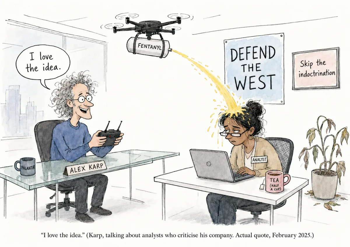 A cartoon shows a wild-haired CEO at his desk with a drone remote, grinning, while a drone hovers above and sprays yellow liquid from a tank labelled fentanyl onto a tired woman at another desk labelled analyst; a poster on the wall reads Defend the West.