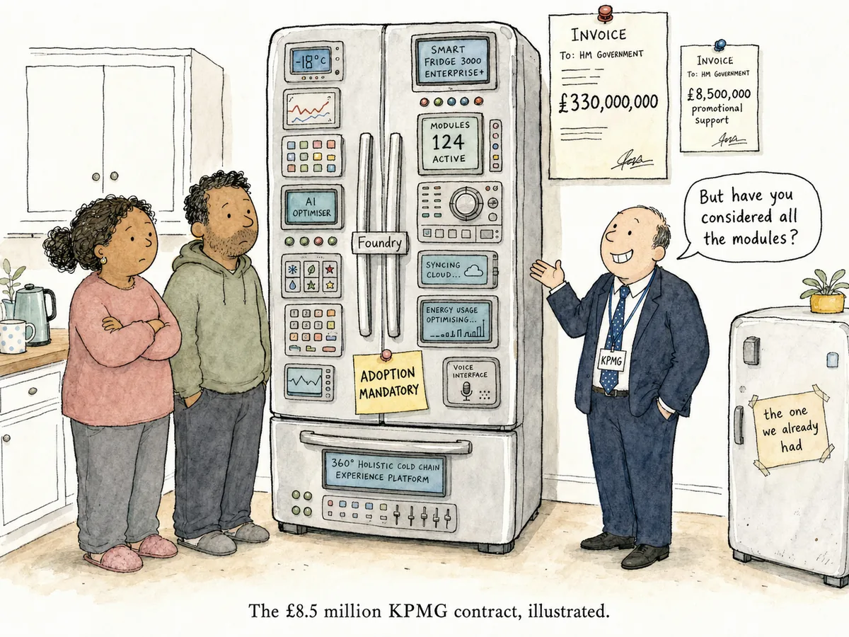 A cartoon couple looking unimpressed at an oversized new fridge while a Big Four consultant gestures at it; an old fridge in the corner labelled the one we already had; a £330m invoice pinned on the wall behind.