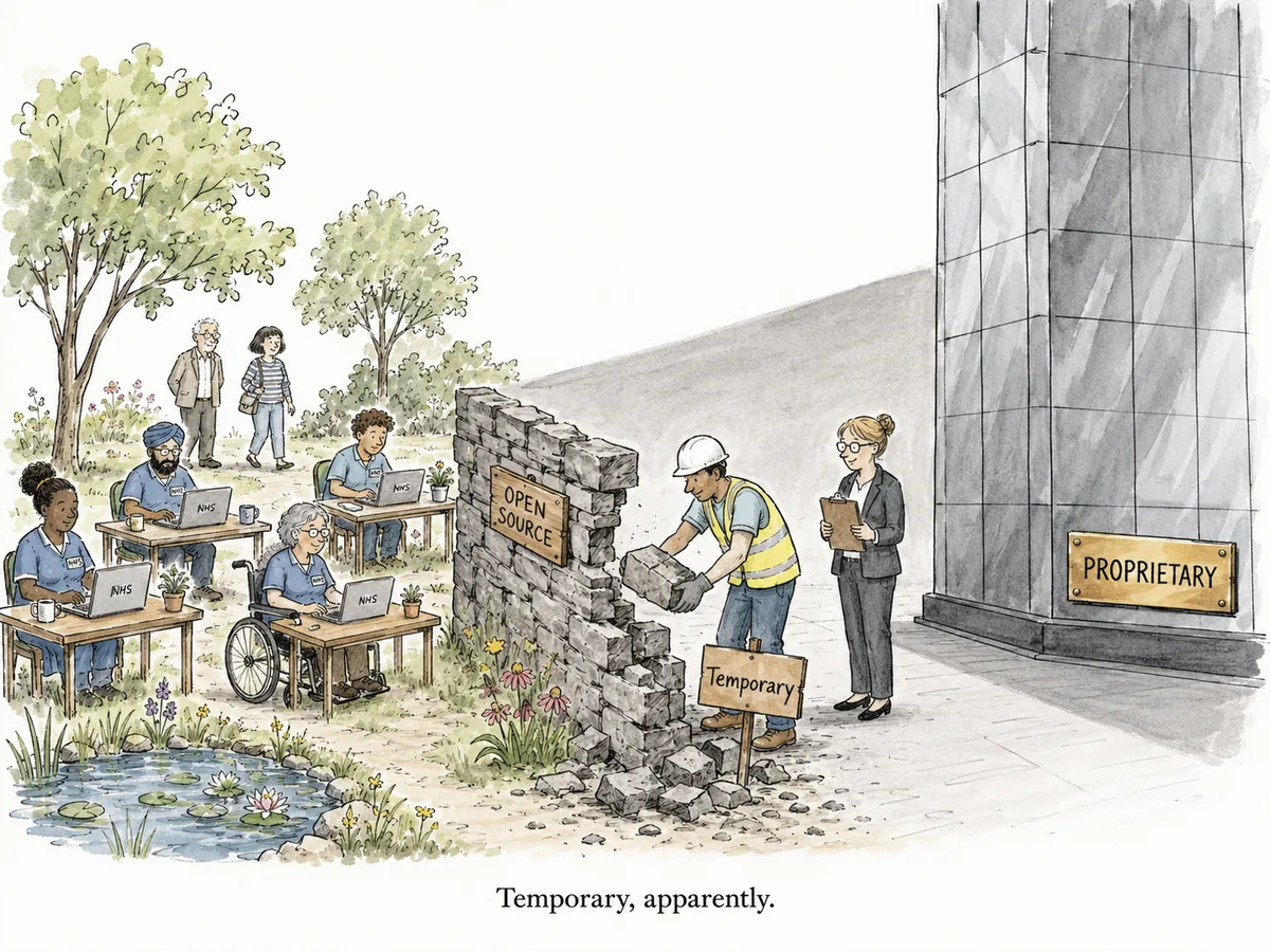 Editorial cartoon of a low stone wall labelled OPEN SOURCE separating two areas. On one side is a tidy garden with NHS staff working at desks, public visitors strolling around. On the other side is a polished glass tower marked PROPRIETARY with no windows. A figure in a hard hat is removing the wall stone by stone. A small sign next to them reads Temporary.