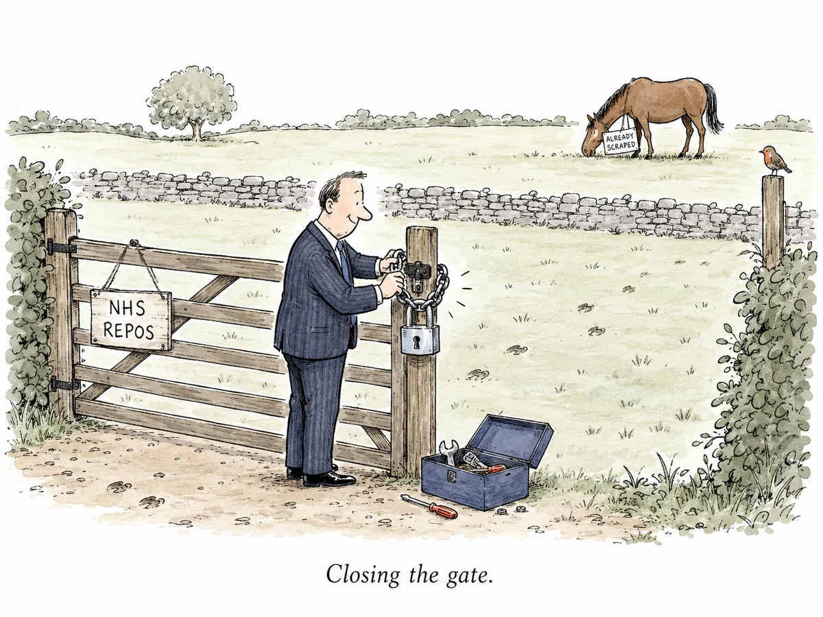 Editorial cartoon of a wide open farm gate with a small wooden sign hanging on it that reads NHS REPOS. The field beyond the gate is completely empty. A figure in a smart suit is carefully attaching a brand new heavy-duty padlock to the gate with a slightly proud expression. In the far distance, a horse is grazing happily in someone else's field, wearing a small label that reads ALREADY SCRAPED.