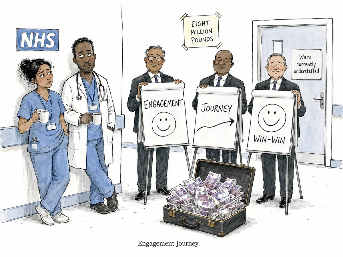 Editorial cartoon of an NHS hospital corridor. On the left, a tired-looking nurse and doctor are leaning against a wall holding cups of tea. In front of them, three smartly dressed consultants in identical suits are standing in a row, holding flipchart easels. Each easel has a different bright marker drawing on it. The first reads ENGAGEMENT, the second reads JOURNEY, and the third just has a smiley face. A briefcase open on the floor between the consultants is overflowing with banknotes. Above the consultants is a small handwritten note pinned to the wall reading EIGHT MILLION POUNDS. The nurse is looking at the doctor with one raised eyebrow. The doctor is staring directly at the viewer.
