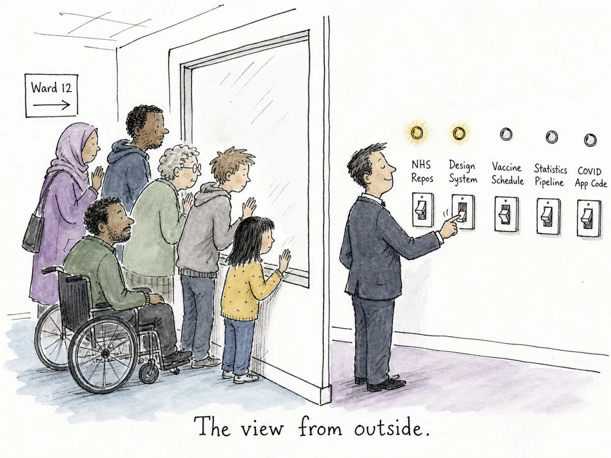 Editorial cartoon of a hospital corridor with a large bank of light switches on the wall labelled NHS REPOS. A figure in a suit is flipping the switches off one by one. Behind them, smaller figures are crowding in to watch through a small window before each light goes out.