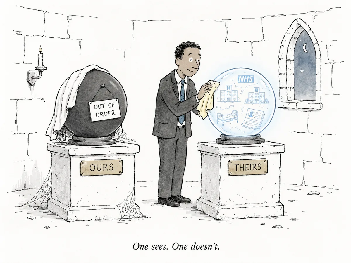 Editorial cartoon of two crystal-ball-like seeing stones sitting on plinths in a dim, slightly mystical-looking room with stone walls. The stone on the left is labelled OURS on a brass plaque on its plinth. It is dark and unlit, with a small dust sheet half-draped over it and a sign hanging from it that reads OUT OF ORDER. The stone on the right is labelled THEIRS on its plaque. It is glowing brightly with a soft inner light, and faint outlines of NHS hospital buildings, hospital beds, and a person's medical chart can be seen swirling inside it. A figure in a smart suit stands between the two stones, polishing the glowing one with a soft cloth and looking pleased. The dark stone behind them is gathering cobwebs.