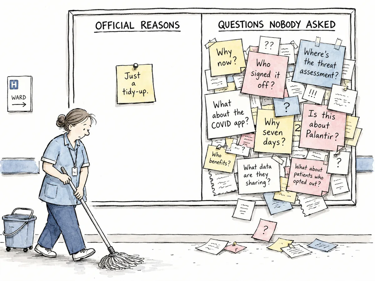 Editorial cartoon of a hospital noticeboard. One side is labelled OFFICIAL REASONS and pinned with a small note saying Just a tidy-up. The other side is labelled QUESTIONS NOBODY ASKED and is overflowing with notes pointing in every direction. A cleaner walks past pretending not to notice.