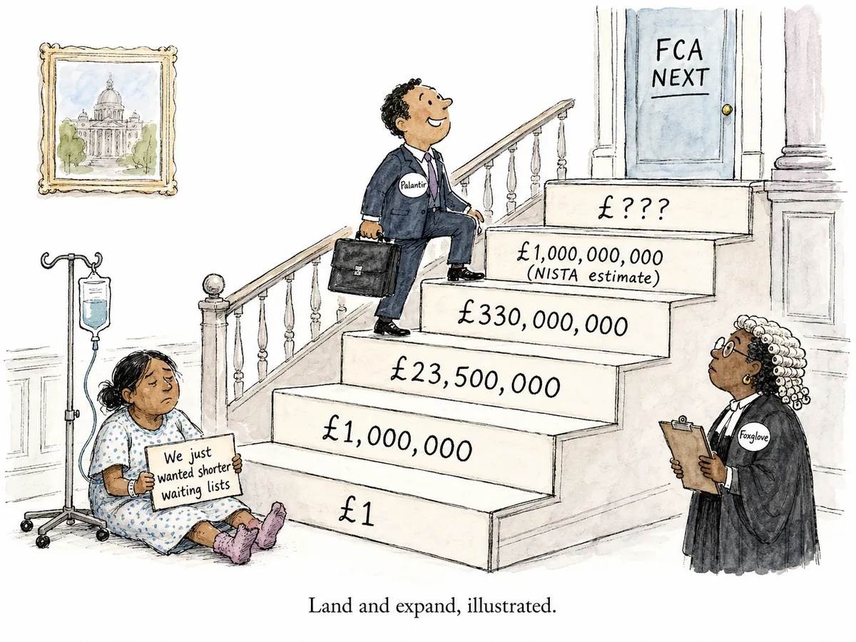 A cartoon shows a grand staircase in a government building with each step labelled with rising figures from £1 to over £1bn; a man in a suit with a Palantir lapel pin walks cheerfully up; an NHS patient sits at the bottom holding a sign reading We just wanted shorter waiting lists.