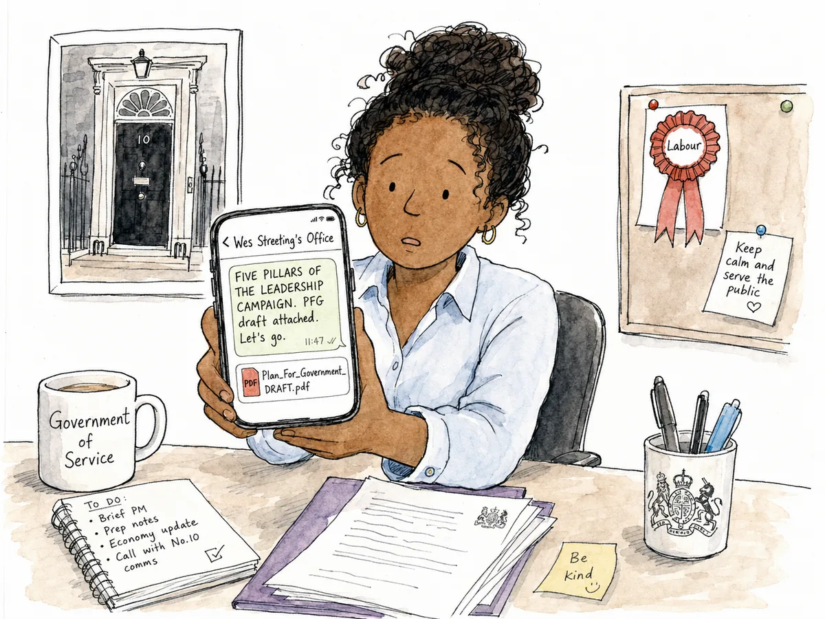A young Downing Street staffer sits at a desk holding a phone, looking at the screen with a quiet, dazed expression. The phone screen shows a WhatsApp message from 'Wes Streeting's Office' reading 'FIVE PILLARS OF THE LEADERSHIP CAMPAIGN. PFG draft attached. Let's go.' On the wall behind the staffer is a framed photograph of the black door of 10 Downing Street.