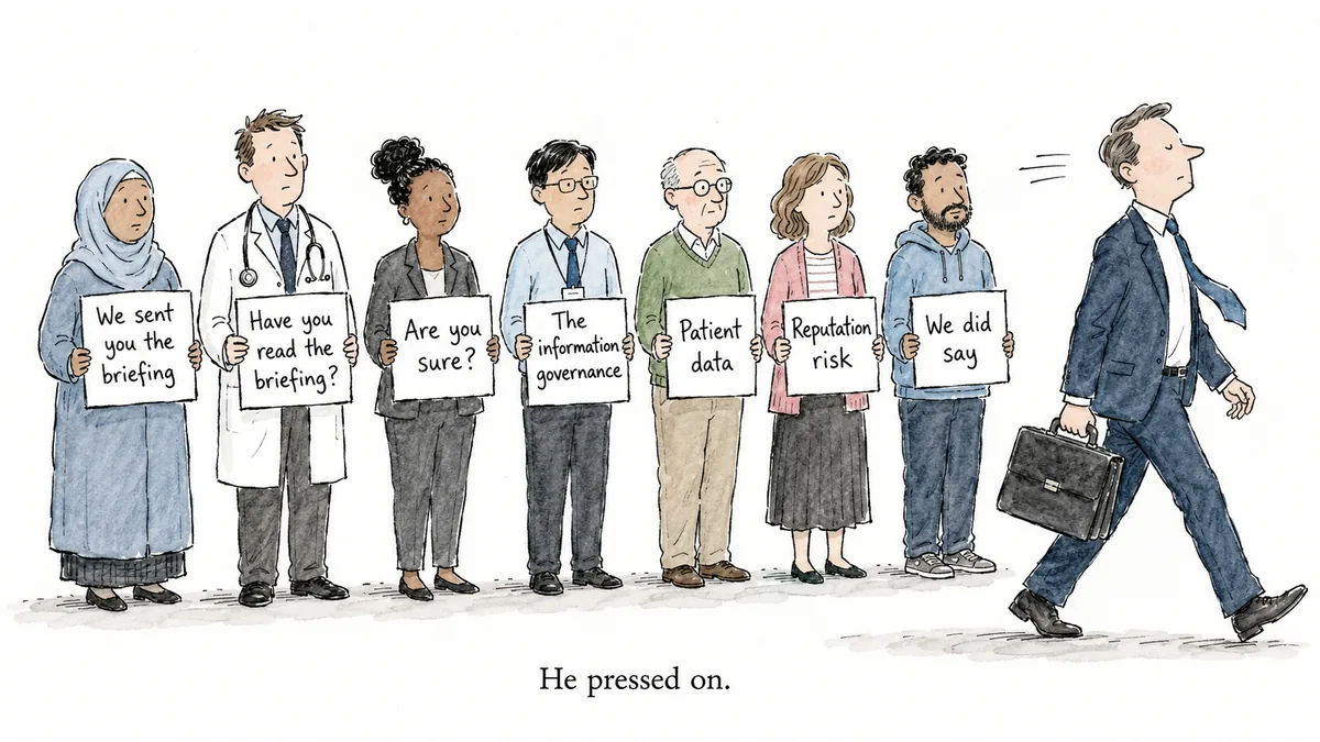 A man in a smart suit walks confidently from left to right past a long queue of diverse people holding handwritten signs that read: We sent you the briefing; Have you read the briefing; Are you sure; The information governance; Patient data; Reputation risk; We did say. The man does not look at any of them.