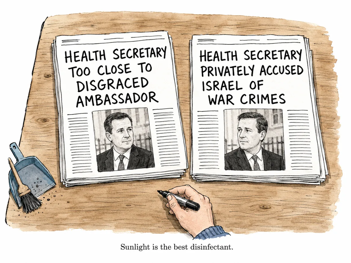 Two newspaper front pages side by side on a wooden table. Left page headline: HEALTH SECRETARY TOO CLOSE TO DISGRACED AMBASSADOR. Right page headline: HEALTH SECRETARY PRIVATELY ACCUSED ISRAEL OF WAR CRIMES. Same man's photograph in both. A hand holding a marker pen is visible at the bottom, with a small dustpan and brush nearby.