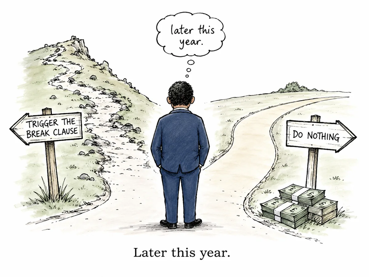 A figure in a suit viewed from behind, hands in pockets, standing at a fork in the road. Two wooden signposts: the left reads TRIGGER THE BREAK CLAUSE and points up a rocky uphill path with nothing at its base. The right reads DO NOTHING and points down a smooth path with a small pile of banknotes at its base. A thought bubble above the figure reads 'later this year.'