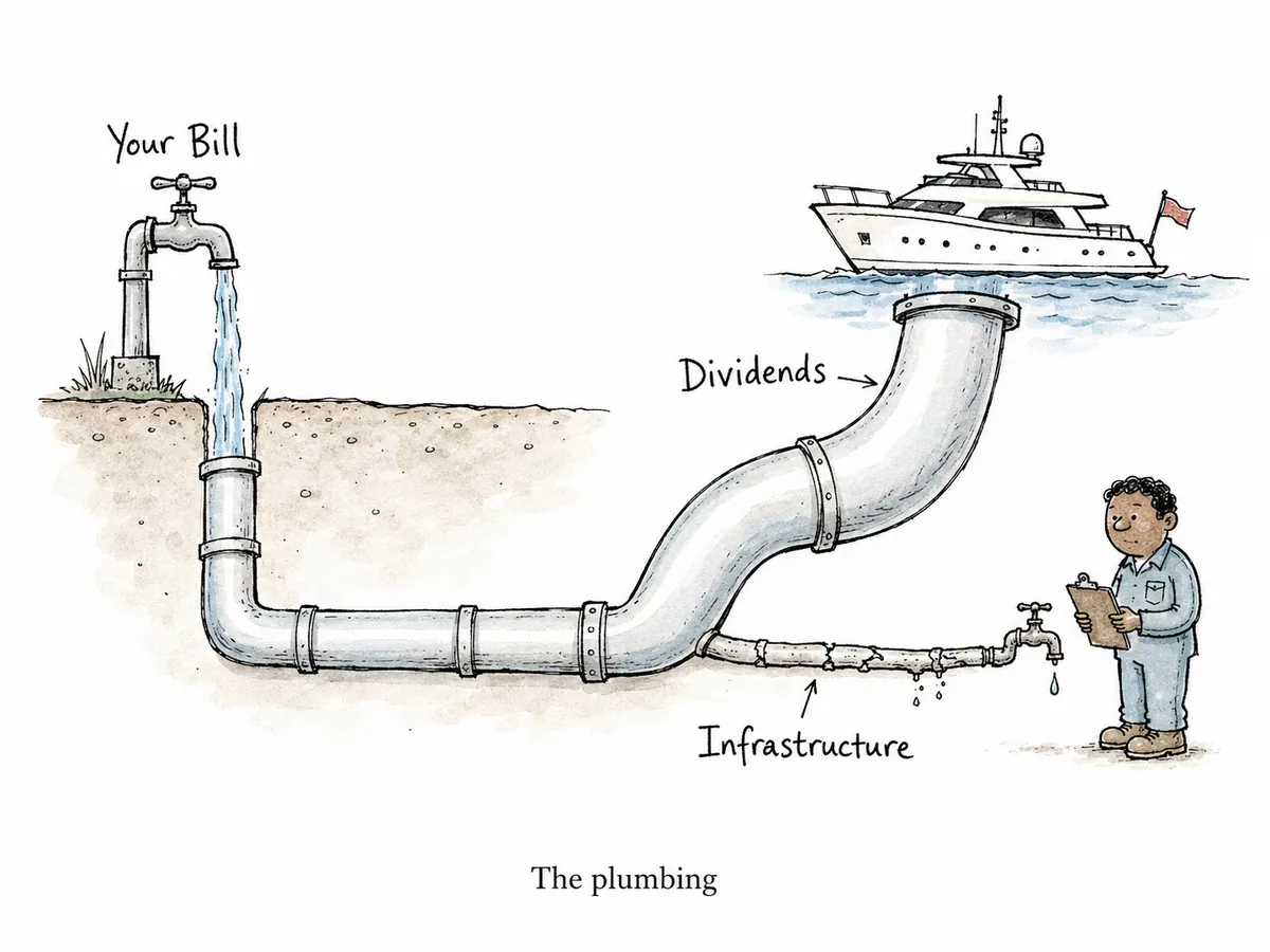 Editorial cartoon showing a cross-section pipe system where money from water bills flows mostly toward a yacht labelled Dividends, while a tiny cracked pipe labelled Infrastructure has a single drip. Caption reads The plumbing.