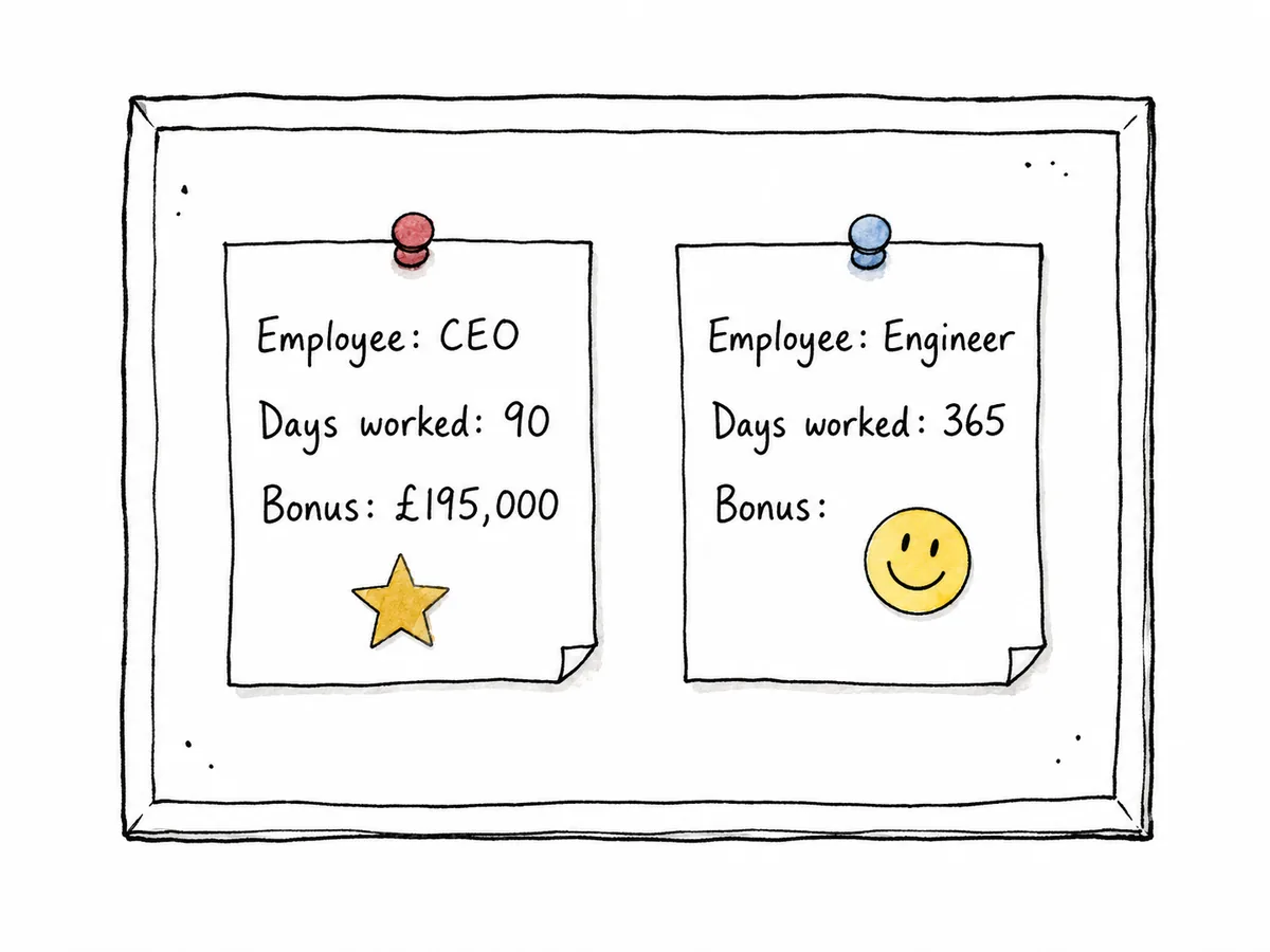 Editorial cartoon of two payslips side by side. The first reads Employee: CEO, Days worked: 90, Bonus: £195,000. The second reads Employee: Engineer, Days worked: 365, Bonus: a smiley face sticker.