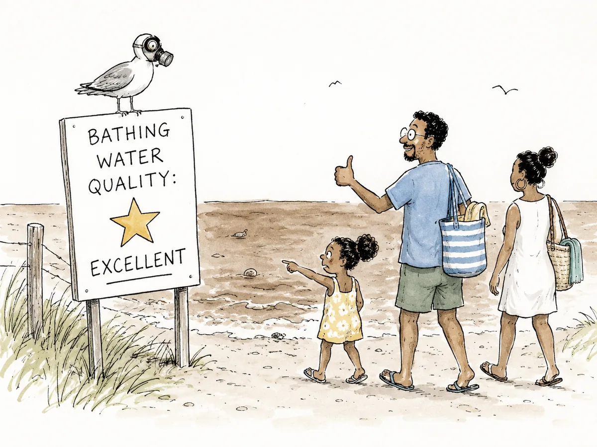 Editorial cartoon of a beach with an Excellent water quality sign while the water behind it is visibly brown. A family approaches, the parent giving a thumbs up at the sign while a child points warily at the dirty water. A seagull on the sign wears a gas mask.