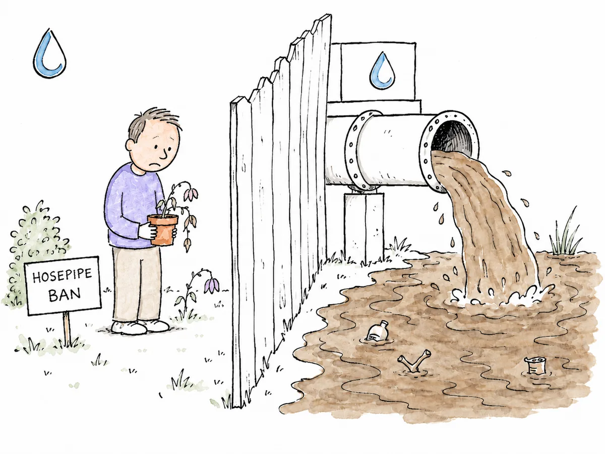 Editorial cartoon of a garden fence splitting the image in two. On the left, a sad person holds a wilted plant next to a Hosepipe Ban sign. On the right, a massive pipe gushes brown water into a river. Both sides have the same company logo.