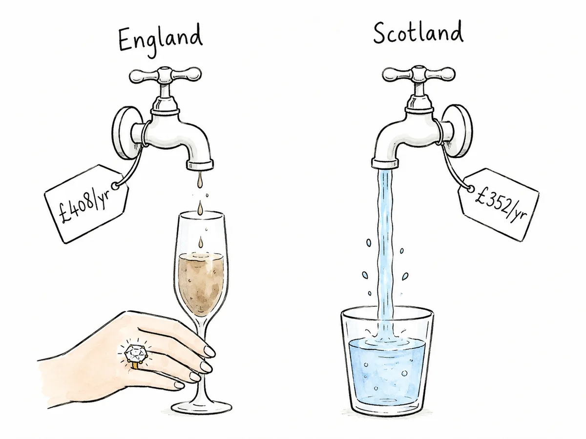 Editorial cartoon of two identical taps side by side. The left tap labelled England has brown water dripping into a champagne glass held by a hand wearing a diamond ring. The right tap labelled Scotland has clean water flowing into a regular glass. The England tap has a higher price tag.